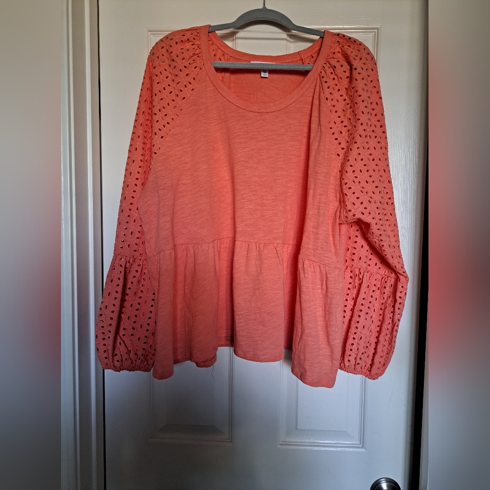 Coral Eyelet Sleeve Peplum Top